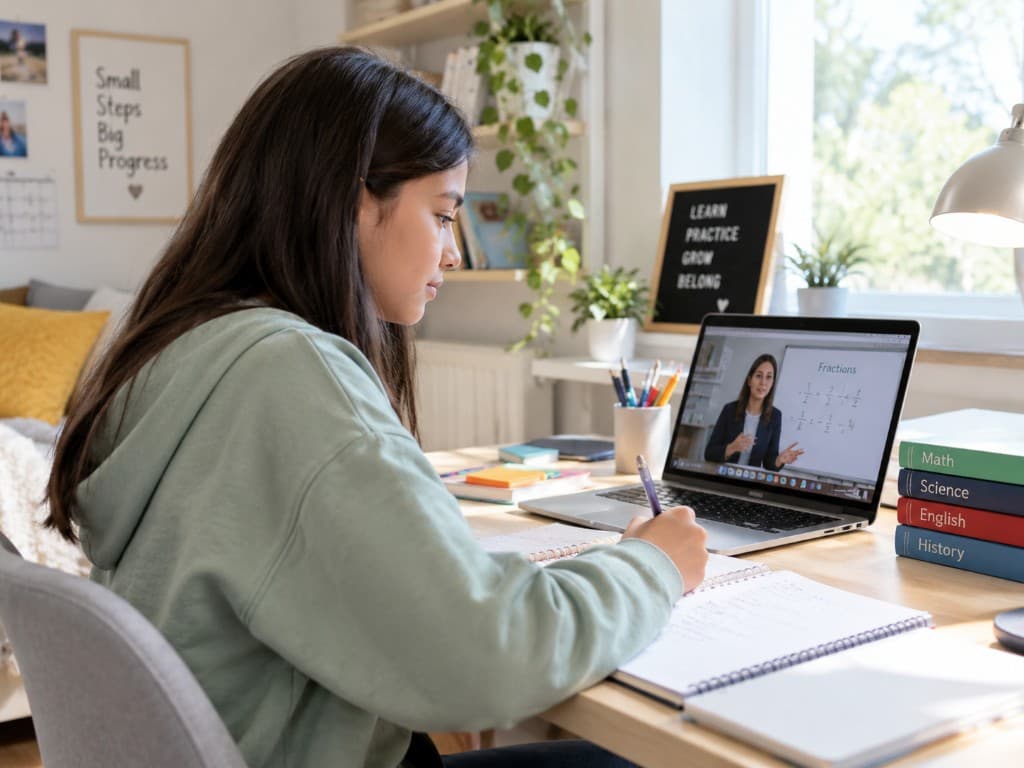 Student taking notes during an online learning session