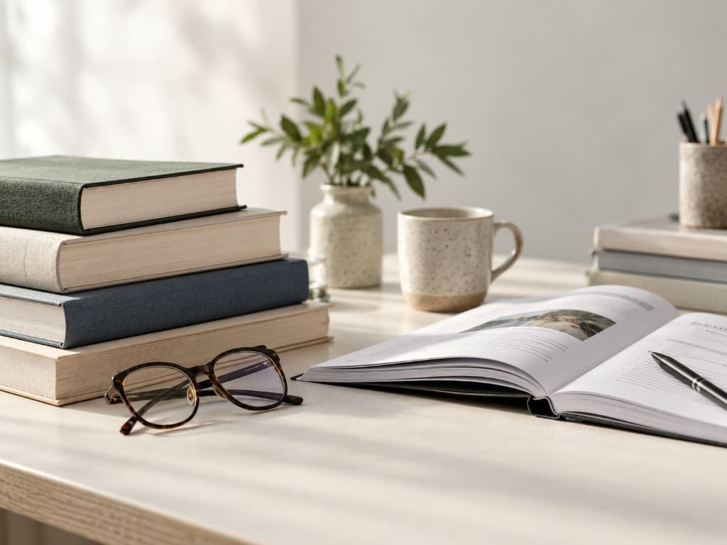 Organized study desk with books, glasses, and a notebook